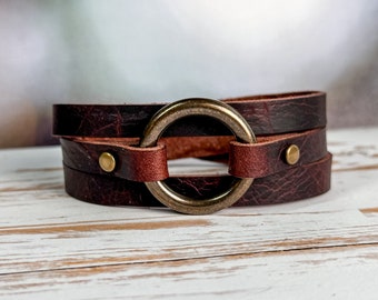 Womens Leather Bracelet Wrap | Skinny Boho Hoop Cuff | Chestnut + Antique Brass | Handmade Jewelry Personalized Gift For Her