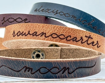 Personalized Infinity Leather Bracelet | Cuff Stacking Boho Style | Handmade Jewelry | Engraved Personalized Gift | Love Mothers Day Gift