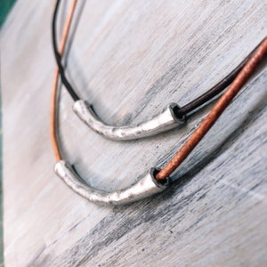 Leather and Silver Necklace: Hammered Arc Focal and 2mm Cord