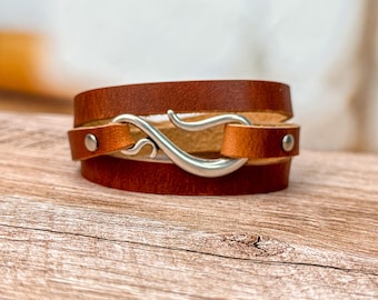 Unique Hook Clasp Leather Wrap Bracelet: English Tan and Antique Silver Cuff