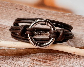 Statement 3mm Leather Cord Triple Wrap Bracelet: Brown Cuff with Nickel Ring