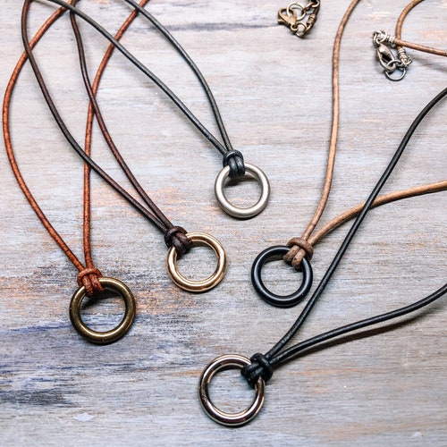 Minimalist Leather Cord and O-Ring Necklace: Petite Silver, Gold, Bronze or Black Pendant Jewelry