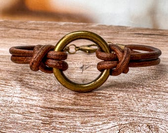 Minimalist 3mm Leather Cord Bracelet: Rustic Brown Cuff with Bronze Ring, Wear the Ring Jewelry