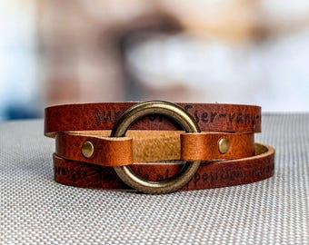 Personalized Multi Strap Ring Leather Bracelet:  Engraved Cognac and Antique Brass Custom Cuff