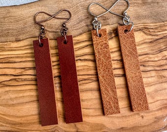 Leather Bar Dangle Earrings Minimalist Modern Boho