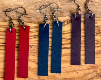Leather Dangle Bar Earrings Minimalist Modern Handmade Jewelry