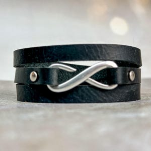 Infinity Leather Wrap Bracelet - Black + Silver Personalized Boho Cuff - Custom Gift for Women