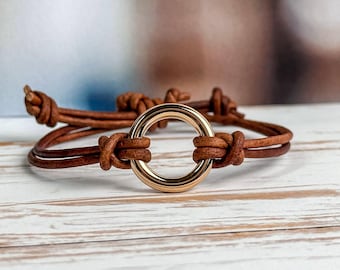 2mm Leather Cord Bracelet + Ring Focal: Brown and Gold Custom Adjustable Cuff