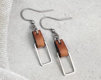 Rustic Leather Drop Earrings: Natural and Antique Silver Rectangle