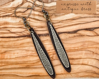 Leather + Bronze Leaf Earrings: Espresso Antique Brass Dangles