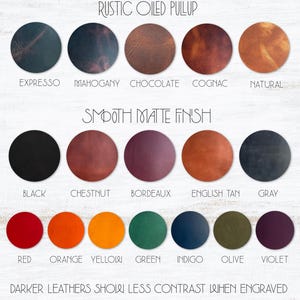 Leather Color Sample Swatches
Espresso, Mahogany, Chocolate, Cognac, Natural, Black, Chestnut, Bordeaux, English Tan, Grey, Red, Orange, Yellow, Green, Indigo, Olive, Violet