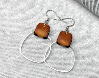 Hammered Silver Hoop and Rustic Natural Leather Dangle Earrings