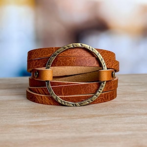 Handmade Leather Wrap Bracelet: Custom Boho Cuff with Antique Brass Hoop