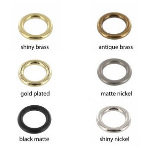 O-Ring color options. Shiny brass, antique brass, gold plated, matte nickel, black matte, shiny nickel.