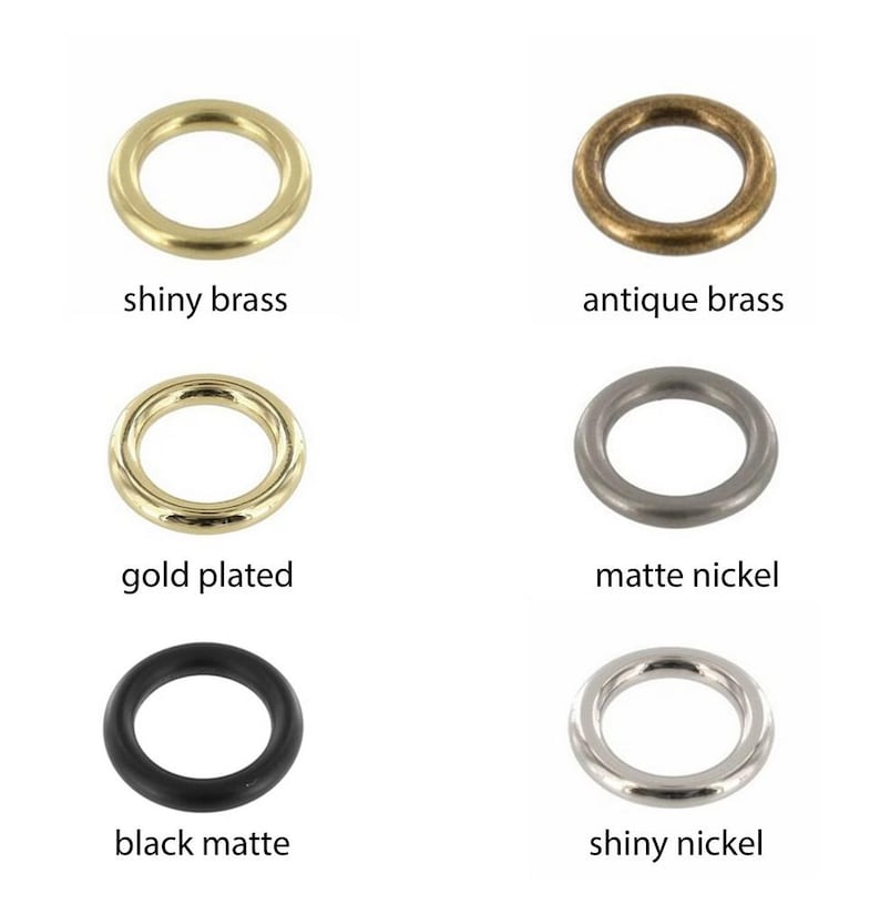 O-Ring color options. Shiny brass, antique brass, gold plated, matte nickel, black matte, shiny nickel.