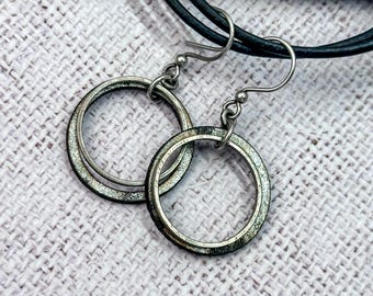 Minimalist Silver Circle Drop Earrings: Handmade Rustic Leather Jewelry