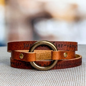 Personalized Leather Wrap Bracelet - Engraved Multi Strap Boho Hoop Cuff for Women + Men