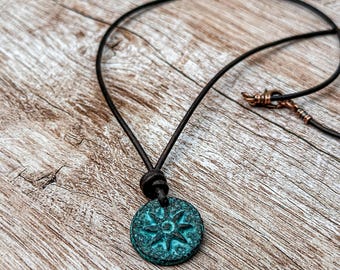 Sun Pendant Leather Cord Necklace: Copper Patina and Dark Brown 2mm Cord