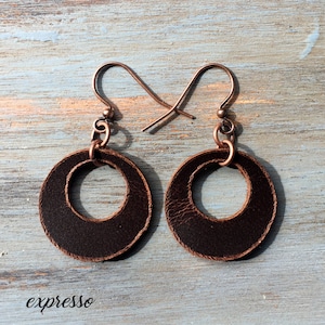 Mini Leather Circle Drop Earrings | Minimalist Modern Jewelry | Unique Gift for Her