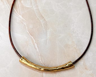Minimal Antique Gold and Leather Cord Necklace: Hammered Arc Focal Choker