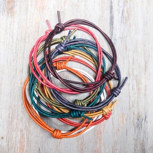 Leather Cord Bracelet - 2mm Hand Knotted Colorful Beach Surf Wrap - Adjustable Unisex