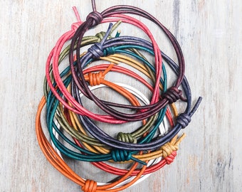 Leather Cord Bracelet - 2mm Hand Knotted Colorful Beach Surf Wrap - Adjustable Unisex