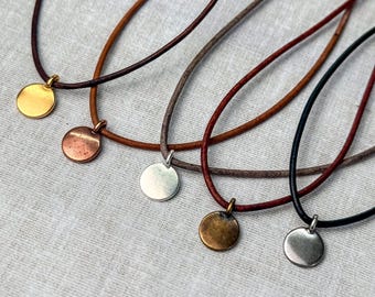Personalized Pendant Necklace: Engraved Silver, Gold, Bronze or Copper Charm and 2mm Leather Cord