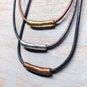 Boho Leather Cord Necklace | Modern Focal in Gold Silver Copper | Personalized Jewelry for Women + Men