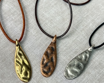 Teardrop Pendant Necklace: Hammered Gold, Silver or Copper + 2mm Leather Cord Jewelry