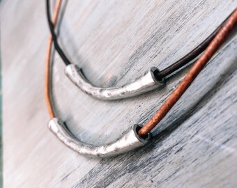 Hammered Tube Pendant Necklace: Gold or Silver + 2mm Leather Cord Jewelry
