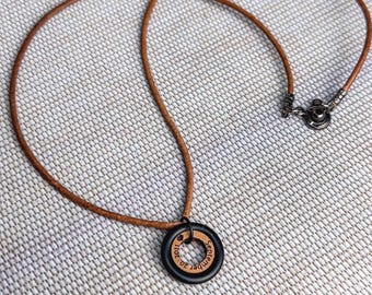 Personalized 2mm Leather Cord Necklace: Engraved Cherry Wood + Matte Black Ring Pendant