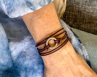 Minimalist Brown and Matte Nickel Leather Bracelet: 2mm Cord with Petite Ring Wrap
