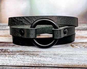 Boho Leather Wrap Bracelet Hoop Cuff Black Leather Handmade Jewelry Personalized Gift for Her Him