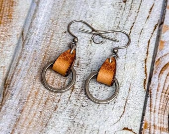 Leather Drop Earrings: Mini Silver Circle Jewelry