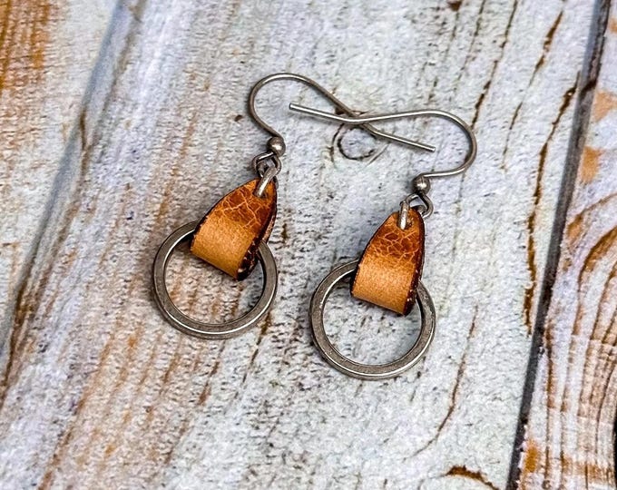 Distressed Natural Leather and Antique Silver Dangle Earrings