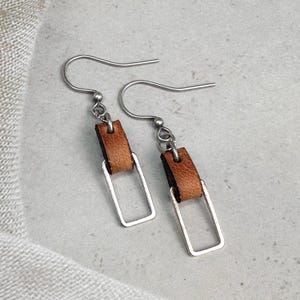 Small Leather Drop Earrings:  Metal Rectangle Dangle - Personalized Artisan Jewelry