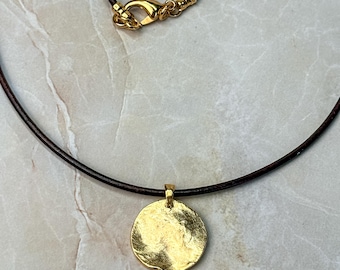 Hammered Gold Pendant and 2mm Leather Cord Necklace: Add Engraving