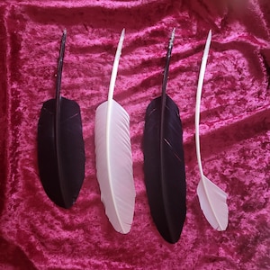 May include: Four feathers, two black and two white, are arranged against a deep pink velvet background. The feathers are of varying sizes and shapes, with the black ones appearing more robust than the white ones.