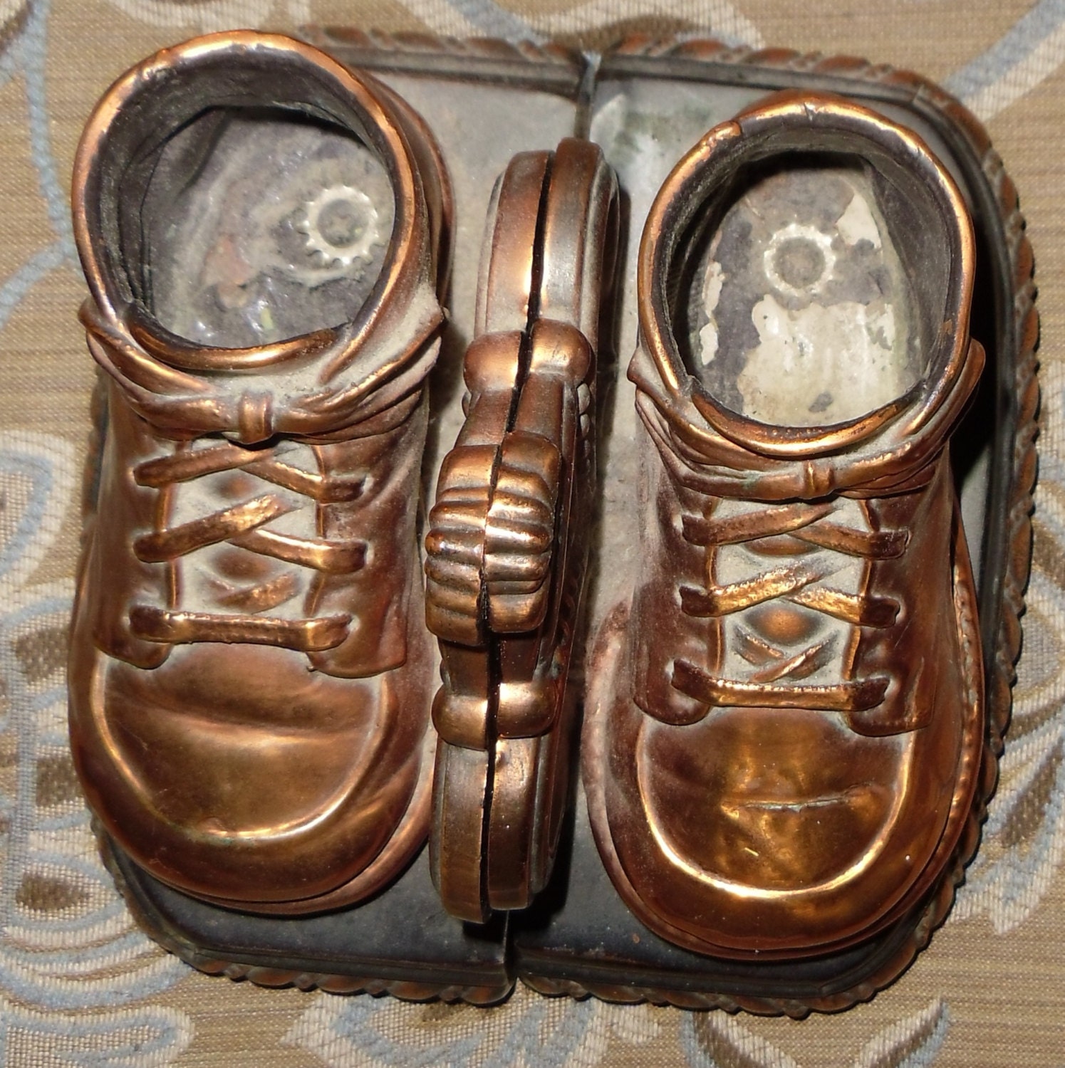 Vintage Bronze Baby Shoe Matched Bookends Heavy with Crowns