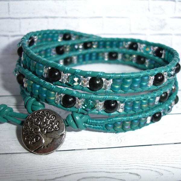 Leather Wrap Bracelet, Jade Gemstone Bracelet, Peacock Blue Leather, Teal AB Crystals, Seed Beads, Gift for Her, Boho Wrap Bracelet