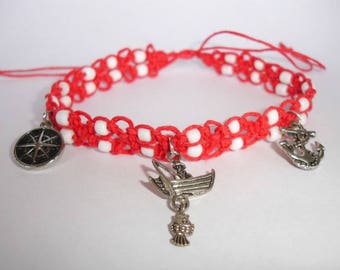 SALE Macrame Anklet, Nautical Compass Fisherman Boating Anchor, Red Hemp Cord, Anklet with Charms, Gift for Her