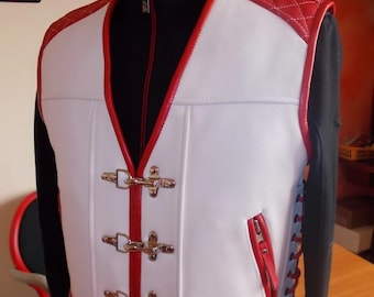May include: White leather motorcycle vest with red trim and silver buckles. The vest has a quilted design on the shoulders and back.