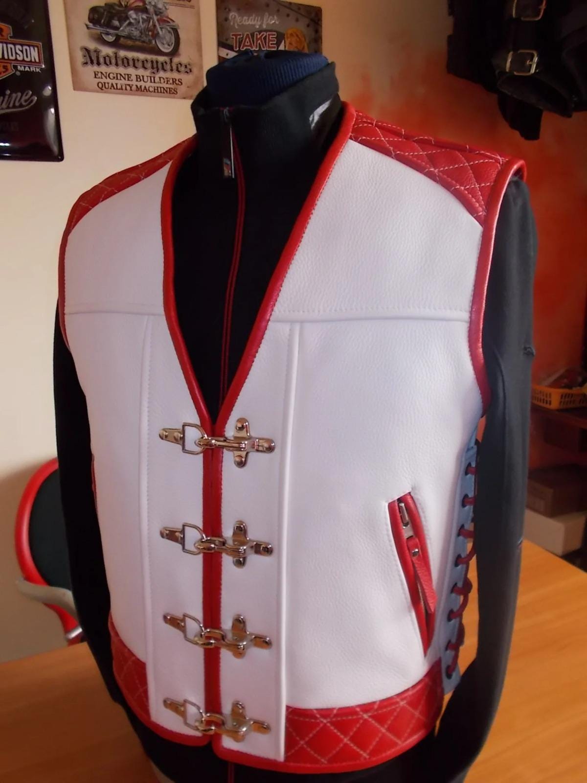 Leather vest. Biker vest. Genuine leather:white-1.7mm and red leather-1.7mm. Handmade.