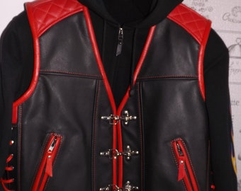 Biker vest. Patch vest.Leather: black and red-1.7-1.8mm thick. Handmade.