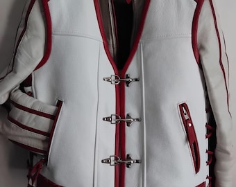 Biker vest, patch vest. Genuine leather-white and dark red 1.7mm thick. Red leather finish. Handmade.