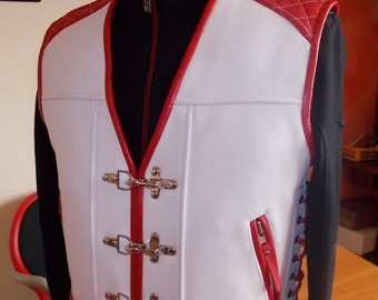 Biker vest. Thick leather-1.9mm-white. Red leather-1.8mm. Vest with red leather finish. Handmade.