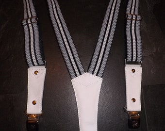 Leather suspenders for women. White leather, striped rubber. Handmade.