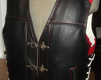 Biker vest. Genuine leather1,7-1,8mm (black, red, white).Patch vest. Handmade.