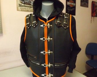 May include: Black leather motorcycle vest with orange stitching and silver buckles. The vest has two pockets on the front and a zipper closure.
