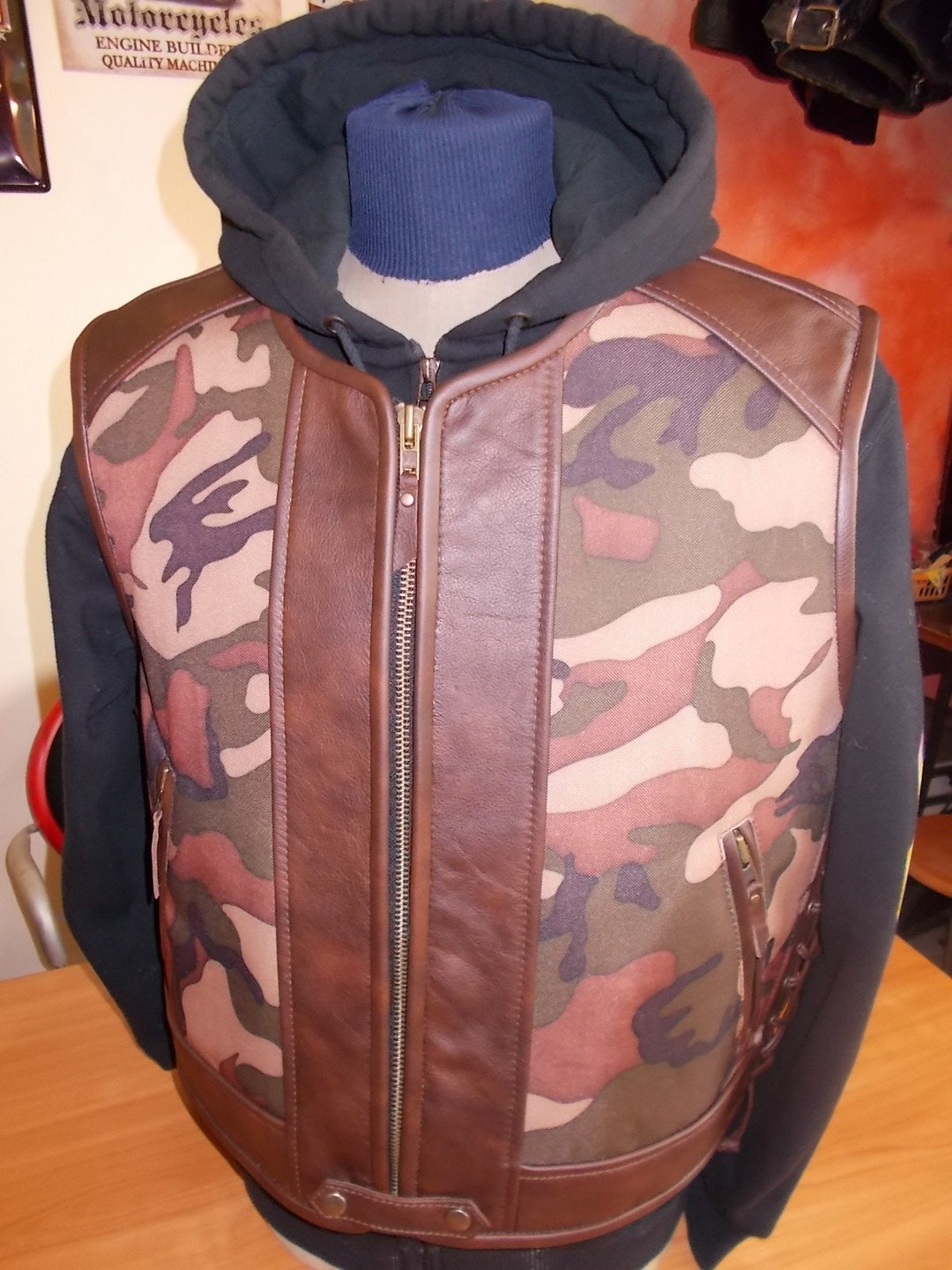 Biker Vest. Camouflage Textile Genuine Leather Brown Leather
